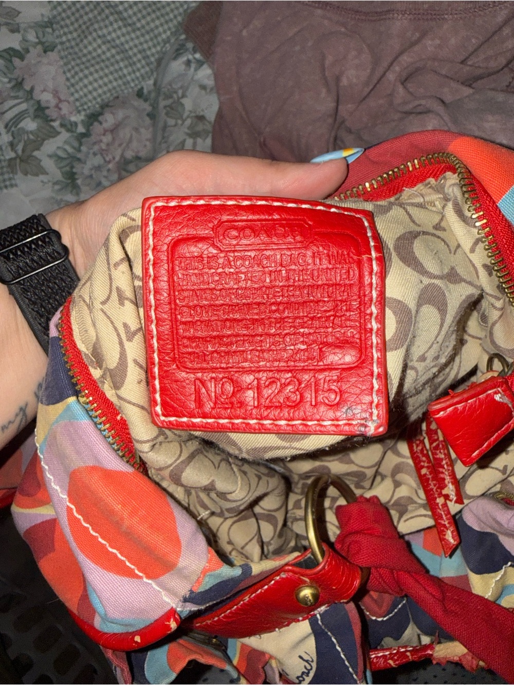 Coach Multicolor Pattern Shoulder Bag with Red Leather Trim
